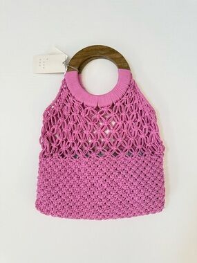 a new day Pink Crochet Tote with Wooden Round Handles
